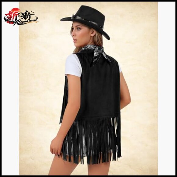 Faux Suede Cowgirl Costume Set with Fringe Vest Hat Bandana main image 6